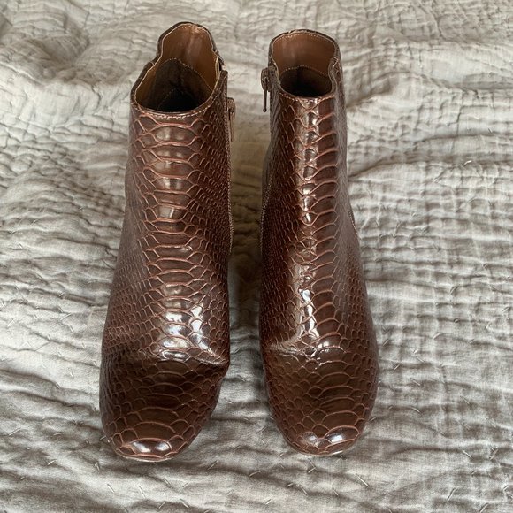Brown Snake Faux Leather Heeled Booties - Picture 1 of 3
